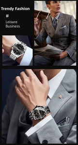 Detail of stainless steel watch band and dial with day-date display for men