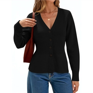 Elegant black ribbed knit cardigan with deep V-neck and slim fit waist for women