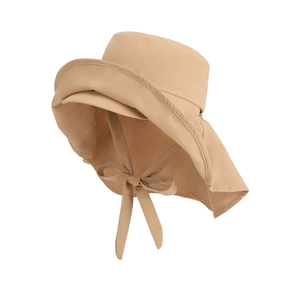 Beige wide brim sun hat with rear bow and quick-dry fabric for outdoor uv protection