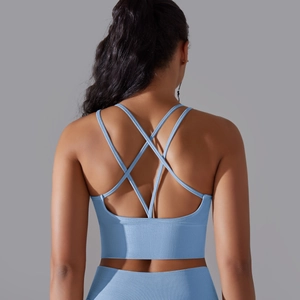 Detailed back view of light blue sports bra featuring multi-cross straps and ribbed knit fabric