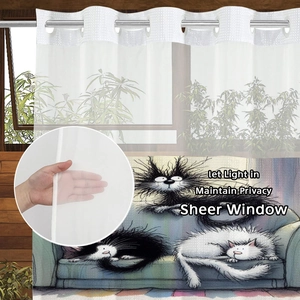 Sheer white window curtain with cartoon cat print and silver grommets for privacy