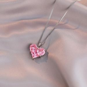 Collana Cuore Pendente Zircone Rosa Per Donna Dolce Elegante Acciaio Al Titanio Catena Box Gioielli Moda