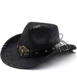 Western Cowboy Hat Distressed Faux Suede PU Leather With Bull Head Buckle Rivets Metal Rings Vintage Retro Punk Style Unisex