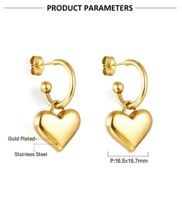 Detail showing gold plated stainless steel heart earrings with dimensions 16.5x16.7mm