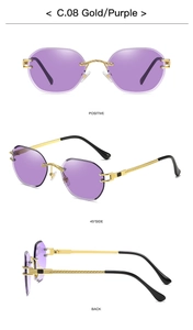 Detail of purple gradient rimless sunglasses with gold engraved metal temples