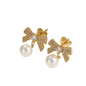 Elegant gold bow earrings with micro-pave crystals and round white pearls for women