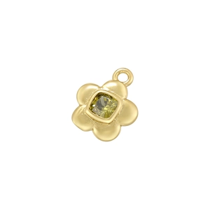 Macro shot of gold floral pendant with square green crystal and polished finish
