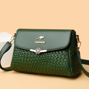 Elegant forest green woven leather handbag with camellia lock and golden kangaroo logo