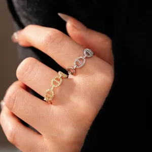 Luxury gold and silver plated chain link rings with cubic zirconia stones for women