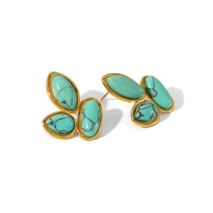 Elegant gold stainless steel earrings with three turquoise stones on a white background