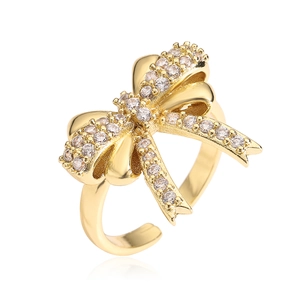 Exquisite 18K gold plated bow open ring featuring sparkling pavé zircon crystals