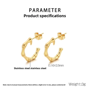 Detail view of 16x2.5mm gold-plated bamboo joint pattern C-shaped stainless steel earrings