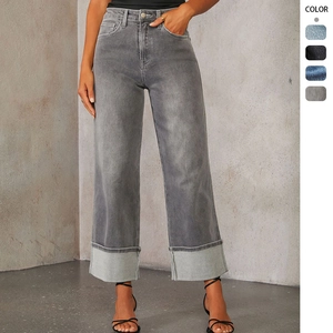 Women High Waisted Straight Jeans Cotton Polyester Denim Distressed Vintage Streetwear Wide Cuffed Hem Stretch Long Pants