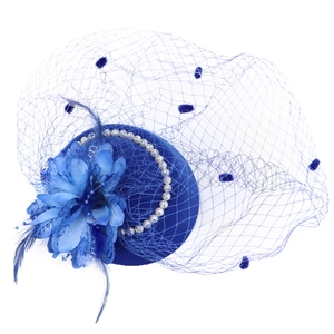 Elegant blue fascinator hat with veil, mesh netting, feathers and pearl accents