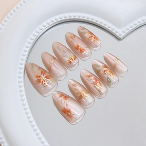Handmade Press On Nails Cat Eye Hand Painted Flower Chinese Style Almond Shape ABS Detachable False Nails For Women