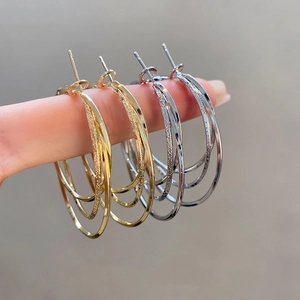 Triple Layer Hoop Earrings Copper 18K Gold Plated Matte Textured Elegant Geometric Circle Dainty Jewelry Women