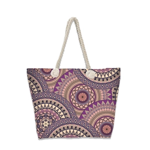 Bohemian mandala print tote bag with thick cotton rope handles and large capacity