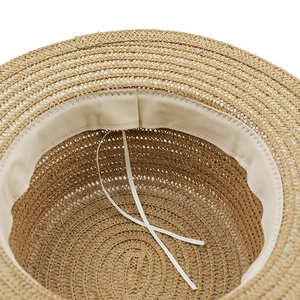 Flat top straw sun hat with inner sweatband and adjustable drawstring for custom fit
