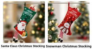 Detail of long-legged Santa and Snowman stockings with Merry Christmas print and soft fur trim