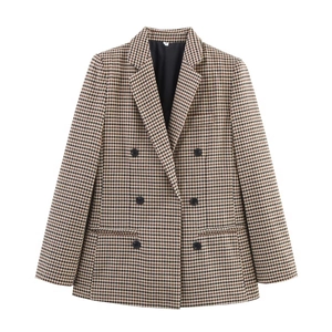 Damen-Blazer mit braunem Hahnentritt-Muster, zweireihigem Knopfdesign und Vintage-Stil