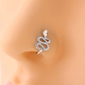 Macro shot of silver stainless steel snake nose ring with small diamond stud detail