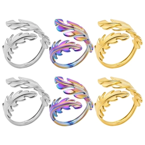 304 Stainless Steel Leaf Adjustable Ring Minimalist Nature Feather Open Finger Jewelry For Women Men