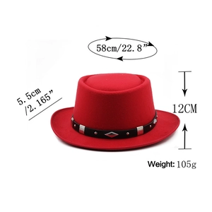 Red wool felt bowler hat with black studded band and sizing dimensions 58cm circumference