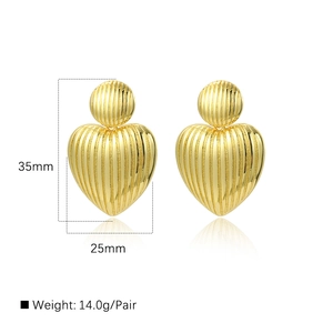 Exaggerated 18k gold plated geometric textured heart earrings for women, 35mm x 25mm size