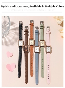 Detailed flat lay of seven colorful leather strap square watches with Roman numerals