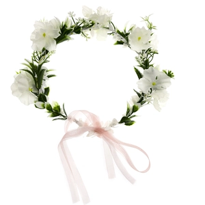 Floral bridal crown with white flowers and pink ribbons for weddings and photography