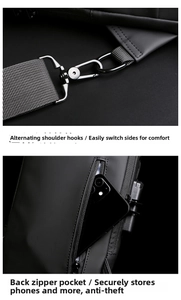 Detail of anti-theft back pocket and reversible strap hooks on black chest bag