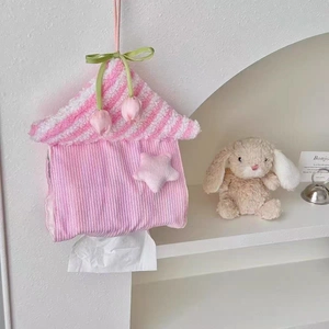 Plush house-shaped tissue holder with pink stripes and decorative star tulip charms