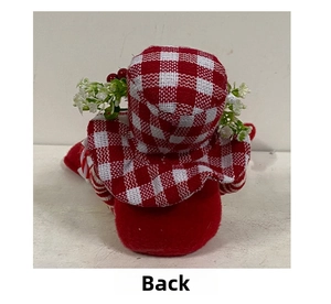 Rear view of Christmas gnome plush toy with red and white plaid hat and decorative berries