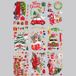 Christmas static window stickers with watercolor red trucks, Santa, and snowman designs
