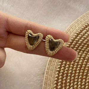 French vintage gold woven heart earrings with dark grey center stone for women