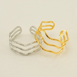 Three-layer wavy open cuff bracelets in polished gold and silver stainless steel