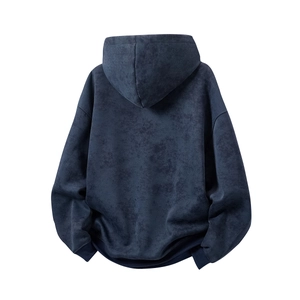 Navy tie-dye oversized hoodie with drawstring hood and washed texture, back view display