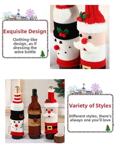 Detail of Christmas knitted wine bottle covers featuring Santa, elk, and snowman designs