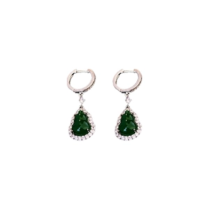 New Chinese style green teardrop jade earrings with sparkling cubic zirconia in silver