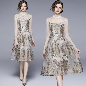 Elegantes Französisches Vintage Midikleid Für Damen Mit Mesh Langärmeln Spitzen Stehkragen Champagner Gold Stickerei Jacquard