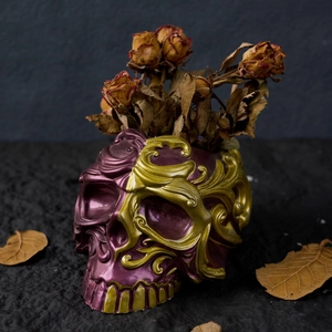 Gothic purple skull flower pot with gold floral relief for resin DIY home decor