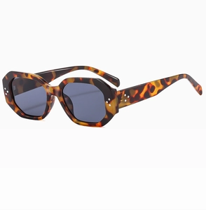 Close-up of tortoise shell polygonal sunglasses featuring silver triple-stud rivet details