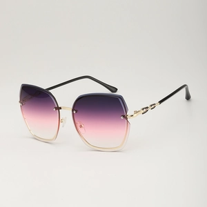 Fashion rimless gradient sunglasses with oversized purple pink lenses and gold metal temples