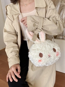 Sweet white rabbit plush crossbody bag with pearl chain strap for Lolita fashion look