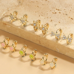 Delicate Copper Zirconia Huggie Earrings For Women Gold Plated Star Flower Bowknot Smiley Face Small Hoop Earrings Fashion Jewelry