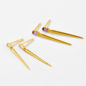 S925 sterling silver gold plated dangling cone earrings with square purple and white zircon
