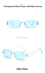 Detail view of transparent light blue rectangular sunglasses showing frame and temple specs