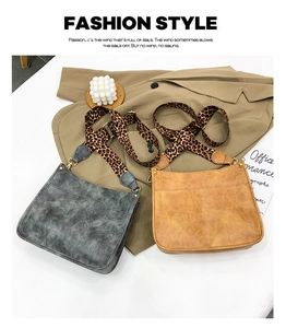 Flat lay of vintage PU leather tote bags with stylish leopard print wide shoulder straps