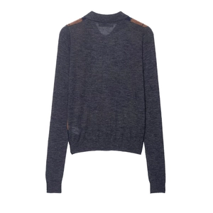 Dark grey knitted polo shirt with blue and brown diamond pattern on shoulders back view