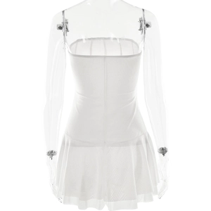 Close-up of white strapless mini dress featuring a pleated hem and a fitted back view design